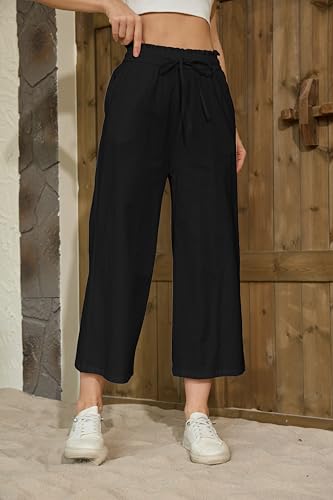 Womens Linen Pants Wide Leg High Waisted Drawstring Casual Flowy Pants with Pockets2