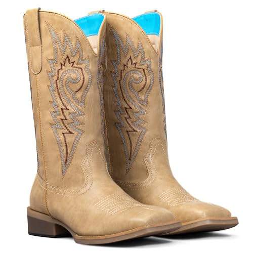 Image of SheSole Cowboy Boots for Women Wide Calf Square Toe Western Boots in Beige and Brown Embroidery Cowgirl Riding Boots