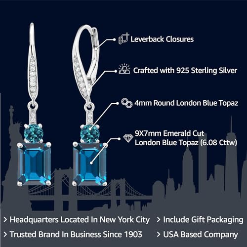 Gem Stone King 6.08 Cttw London Blue Topaz Dangle Earrings For Women | 925 Sterling Silver | Gemstone November Birthstone | Emerald Cut 9X7MM2