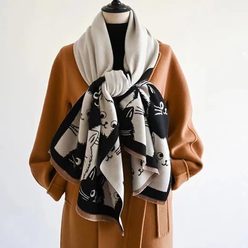 BAIMORE Women's Cute Warm Shawl Reversible Pashmina Cartoon Cat Print Cashmere Feel Large Scarf2