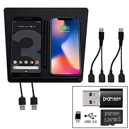 PI MAN TECH Bundle of 2 Tesla Model 3 Accessories - Wireless Charger + USB 3.0 Adapter and 128 GB Micro SD Card PI MAN TECH TeslaCam SD Card and USB Bundled with Model 3 Dual Qi Wireless Charger.