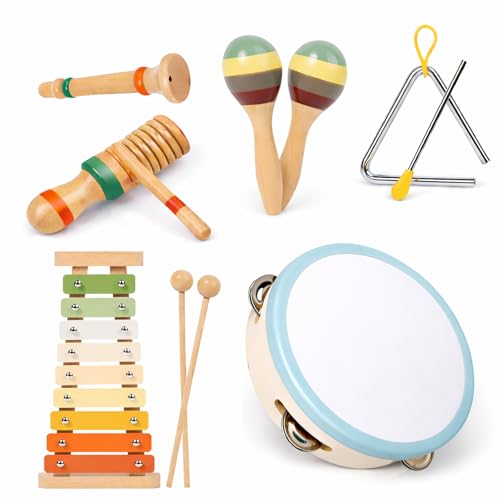 Instrumentos musicais de madeira para crianças de 12 3 anos, conjunto montessori de 12 peças com xiaomi pandeira, maracas, triângulo e guiro, percussão infantil