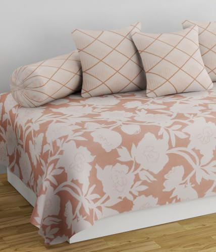 Image of Pure Soft Cotton Floral Diwan Set Covers 6 Pieces - 1 Single Bed Sheet (60 X 90) with 3 Cushion (16 X 16), 2 Bolster Covers (16 X 32) -Pink White