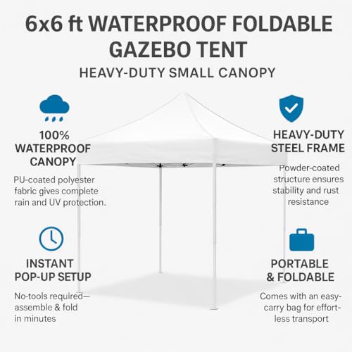 Image of 6x6 ft Waterproof Foldable Gazebo Tent (White, 2x2M) | Heavy-Duty Small Canopy | Portable Pop-Up Tent for Outdoor Events, Stall, Camping, Garden & Picnic | UV & Rain Protection | Easy Setup