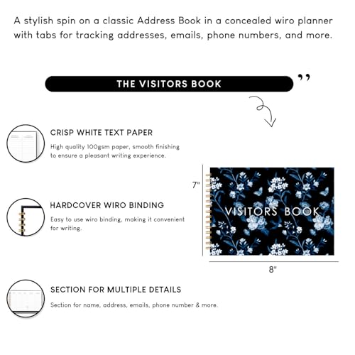 Image of Visitor Book - 8 x 12 Inches | Navy Blue Floral Wire Bound Guest Register for Hotels, Offices, Exhibitions, Boutiques & Business Use | Medium Size Visitor Log Book for Reception & Front Desk