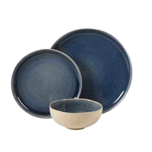 Image of Gibson Elite Manila Bay 12-Piece Stoneware Dinnerware Set, Service for 4, Reactive Glaze Modern Artisan Plates, Bowls & Mugs, Blue, Round Design