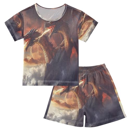 ALAZA Dragon Cloud Funny Pajamas Set Short Sleeve Cotton Sleepwear Summer Pjs 2 Piece 5-14Y
