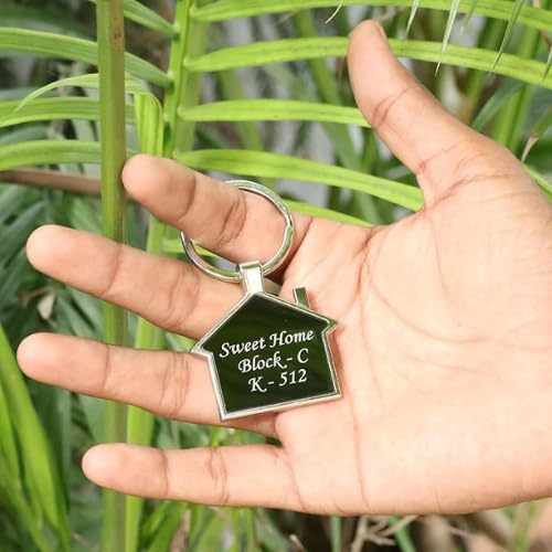 Image of Customised Home Shaped Double Sided Metal Keychain | With Address And Name