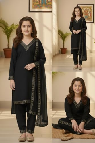 Image of Girls Stylish Rayon Lace Work Kurti with Dupatta and Pant