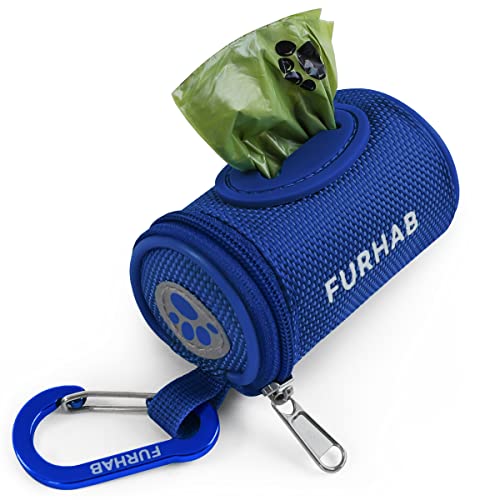 Image of FURHAB Dog Poop Bag Holder for Leash Doggie Waste Bag Dispenser Soft Fabric Puppy Potty Carrier Small Doggy Zipper Pouch with Carabiner Clip 1680D Nylon Oxford with 1 Roll of Pet Trash Bag, Royal Blue