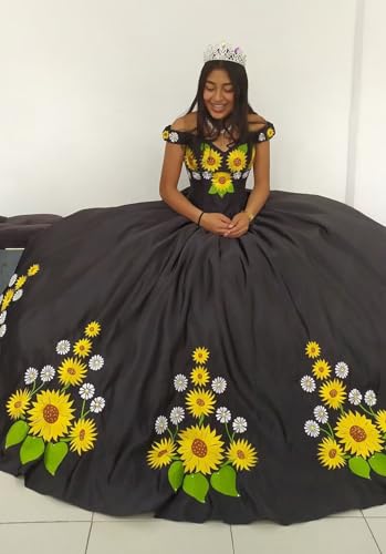 Mollybridal 2025 Modest Sunflower Embroidered Ball Gown Quinceanera Dresses Charro Off Shoulder Prom Sweet 15 Dress4
