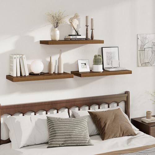 Image of Fun Memories 12 Deep Floating Shelves for Wall | 30W x 12D Large Floating Shelves | 2 Pack Storage Space Wall Mount Shelf for Living Room Bathroom Toilet Laundry Room Kitchen Home Office - Walnut