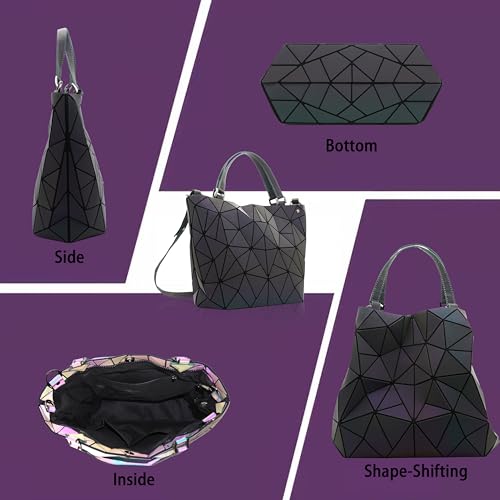 Geometric Luminous Crossbody Bag Iridescent Shoulder Purse Combo Holographic Reflective Night-Safe Visibility Handbags Set4