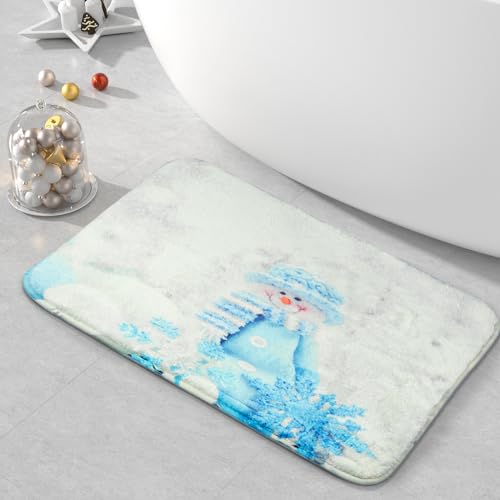 QIYI Bath Mat Rug Super Soft Non-Slip Machine Washable Quick Dry Office Floor Mats Kitchen Dining Living Bathroom Tub Rugs 16" W x 24" L (40 x 60 cm) -Blue Hat Snowman