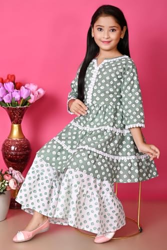 Image of First DREAMGirls Pink Bandhani Printed with Cotton Flower Lace Kurta with Sharara