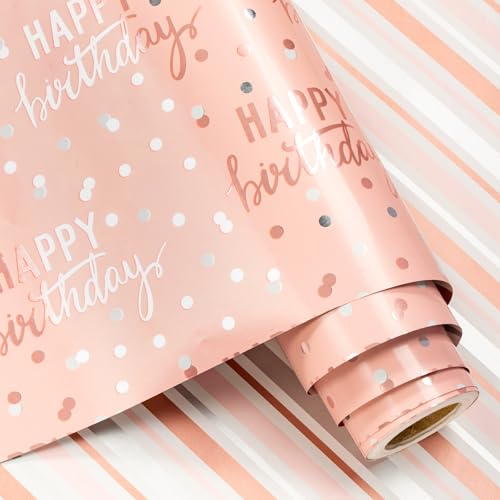 LeZakaa Reversible Pink Birthday Wrapping Paper Roll for Girls Women Happy Birthday Lettering & Stripe Pattern with Metallic Foil in Pink Mini Roll 17 inches x 9.8 Feet