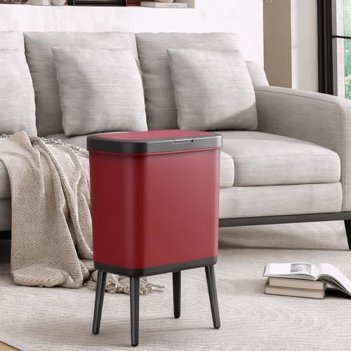 Image of Slim Kitchen Trash Can with Legs, 4 Gallon Bathroom Wastebasket with Press Top Lid, Rectangle Red Garbage Can with Lid, Small Plastic Trash Can for Toilet, Bedroom, Living Room, Dorm