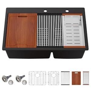 Sarlai 33 Granite Composite Kitchen Sink Double Bowl – 33″x22″ Black Granite Kitchen Sink Drop In Ledge Workstation Double Bowl 60/40 Low Divided Quartz Composite Above Counter