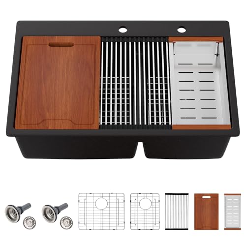 Sarlai 33 Granite Composite Kitchen Sink Double Bowl - 33"x22" Black Granite Kitchen Sink Drop In Ledge Workstation Double Bowl 60/40 Low Divided Quartz Composite Above Counter