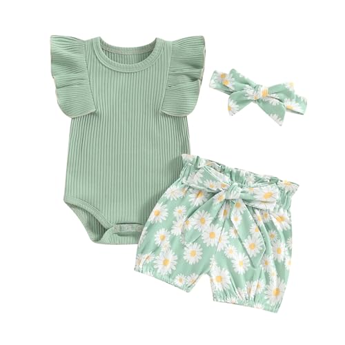 Image of Newborn Infant Baby Girl Summer Clothes Rib Frill Short Sleeve Romper Elastic Waist Shorts Headband 3Pcs Outfits Set