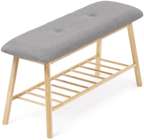 IDMarket - Banc d'entrée capitonné Bambou Rita Tissu Gris Clair