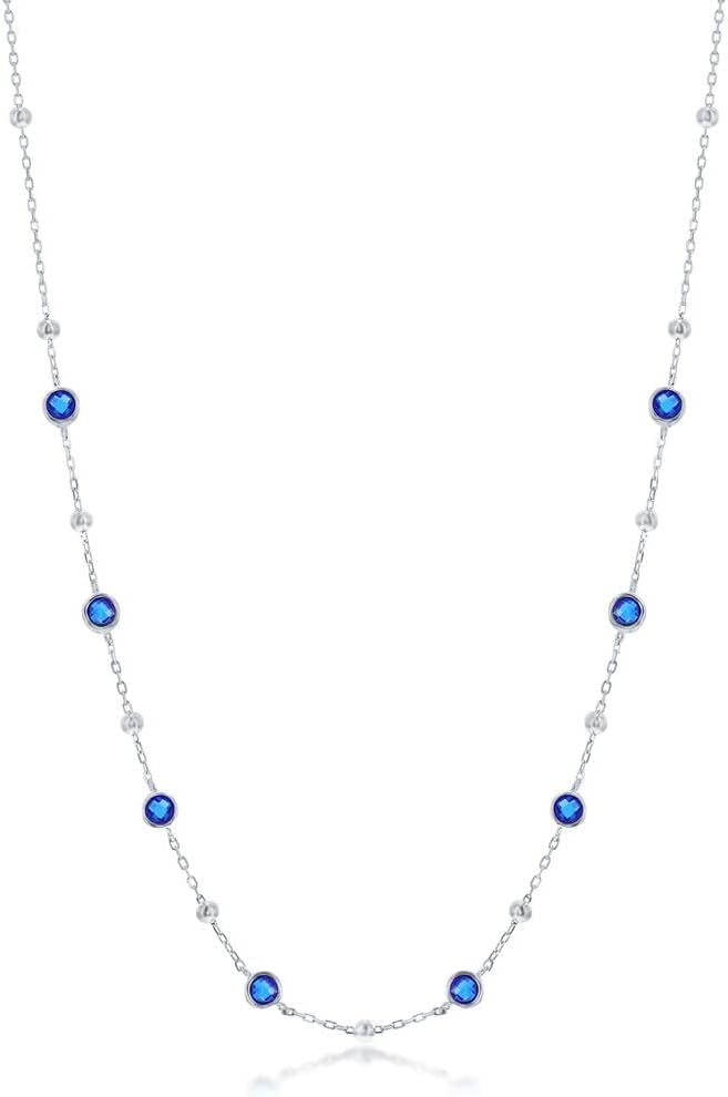 Bezel-Set Created Diamond/Emerald/Sapphire/Ruby 16+2" Beaded Station Necklace - Sterling Silver Jewelry for Women