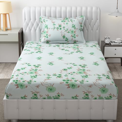 Image of Fresh From Loom Floral Print 240 TC Microfiber Single Bed Bedsheet Set with 1 Pillow Covers - Hypoallergenic & Soft (60 x 90 inch | Cyan, Floral Design)