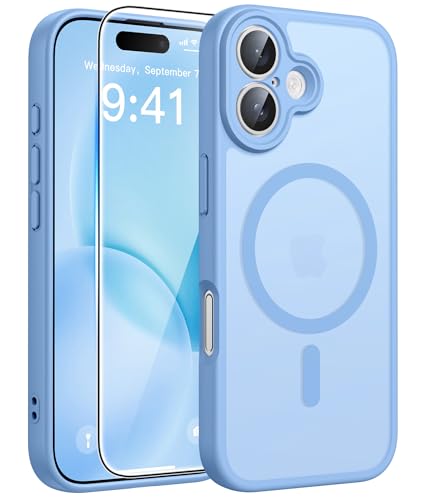 Image of FNTCASE for iPhone 16 Case [Compatible with Magsafe] Translucent Matte Cases with [Screen Protector] Military Grade Shockproof Protective Phone Cover - Light Blue