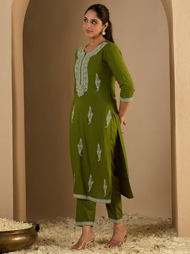 Image of INDO ERA Women's Viscose Rayon Floral Embroidered Straight Calf Length Kurta & Pant Set (IEAI11741)