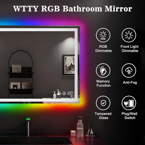 Image of WTTY LED Bathroom Mirror 40 inchx30 inch with RGB Backlit and Front Light,Stepless Dimmable LED Mirror for Bathroom,Lighted Bathroom Vanity Mirror,Anti-Fog,Memory Function,Shatter-Proof,Wall Mounted