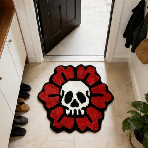 PRELETOCH Trippy Skull Rug Cool Bathroom Rugs Gothic Red Flower Tufted Extra Soft Water Absorbent Quick Dry Bathroom Mat Non Slip Bath Mat Halloween Horror Goth Decor Carpet 2.6 x 2.6FT