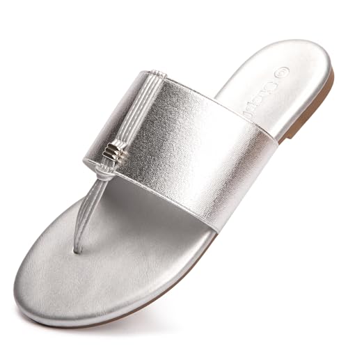 Women's Elastic T-Strap Sandals - Comfortable Slip-On Summer Flats, Stretchy Slide Sandals for Walking, Beach, and Casual Wear Silver 07
