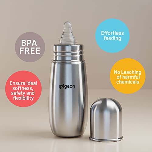 Image of Pigeon Steel Baby Feeding Bottle for Kids, Made of Stainless Steel, Ergonomic Handle, Anti Colic Nipple Slim Neck Steel Feeding Bottle 220ml-L Size