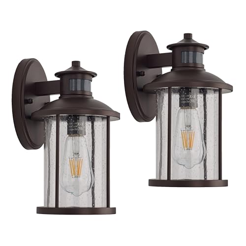 Image of MICSIU Bronze Motion Sensor Outdoor Wall Light 2 Pack, H11.5 Rustic | 3 Modes Exterior Light Fixture with Seedy Glass, Anti-Rust Dusk to Dawn Outside Wall Sconce for House, Front Porch, Deck