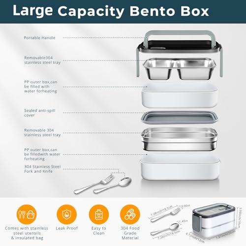 صندوق طعام بينتو من الفولاذ المقاوم للصدأ 304: مزدوج الطبقات وآمن للاستخدام في الميكروويف، عزل حراري قابل للفصل - للبالغين والطلاب والمكتب والمدرسة - مع شنطة حرارية وأدوات مائدة من اداندو، 1.4 ل