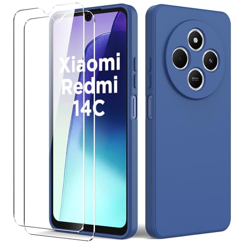 Byvuwiay Funda Compatible con Xiaomi Redmi 14C/Xiaomi Poco C75, con 2 Piezas Cristal Templado, Carcasa de Líquida TPU Anti-Choque, Carcasa Xiaomi Redmi 14C/Xiaomi Poco C75, Blau
