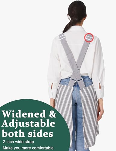 Image of Cozy Adjustable Cross Back Aprons for Women with Pockets Cotton Linen Cooking Kitchen Baking