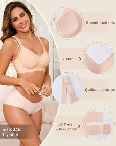 Seamless Bras for Women No Underwire Push Up Bra Full Coverage V-Neck Wirefree Bralettes Soft T-Shirt Everyday Bra4
