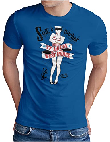 T-Shirt Nautical OM3 Homme avec Ancre et Bateau Voile Bleu Royal XXXXL