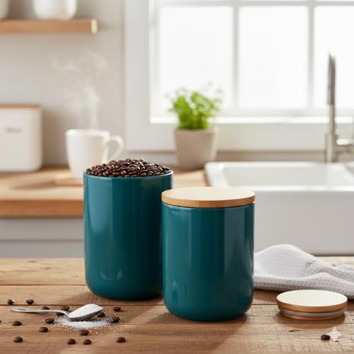The Better Home Ceramic Jars for Kitchen Storage with bamboo Lids | Pack of 2-800ml | Green | Multipurpose Airtight Containers for Snacks, Cookies, Coffee, Sugar, Dry Fruits