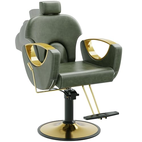 Image of Barber Chair, Reclining Hair Salon Chair, 360 Degrees Swivel Styling Chair, Height Adjustable Hydraulic Shampoo Chairs, Spa Equipment (Green)