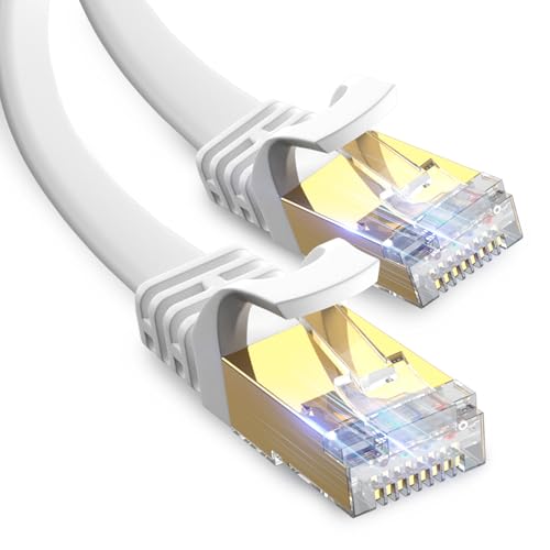 Cat 8 Ethernet Cable 15 ft Flat White, 40Gbps 2000MHz High Speed LAN Internet Network Cord, SFTP Shielded RJ45 Connector for PC, Laptops, Router, Modem, Servers, Gaming, TV, and More