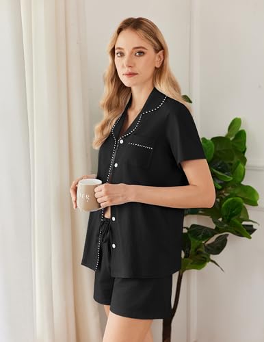 Image of Ekouaer Pajamas for Women Set Button Down Short Sleeve Sleepwear 2 Piece pj | Soft & Breathable Stretch Fabric, Adjustable Drawstring Shorts, Sleep & Lounge, Travel Friendly