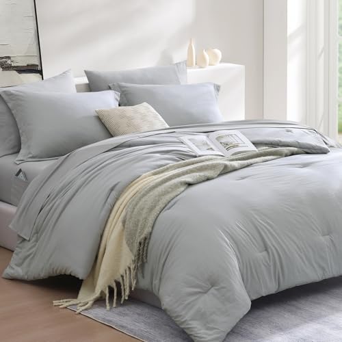 Image of King Size Comforter Set- 7 Pieces Prewashed Bed in a Bag King Bedding Sets | Soft All Season Comforter with Sheets, Pillow Shams & Pillowcases, Light Grey
