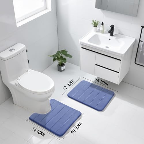 Image of Yimobra Memory Foam Bath Mat Set, 2 Pieces Soft Bathroom Rugs, 17x24 and 24x20.4 U-Shaped, Non Slip, Thick, Dry Fast, Navy Blue