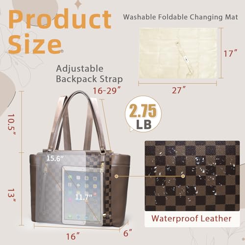 Image of miss fong Checkered Diaper Bag Tote Leather Diaper Bag Backpack, Large Capacity Mommy Bag Hospital Bag, 12 Pockets Travel Diaper Tote with Changing Pad for Mom Plaid Tote Bag for Women-Coffee