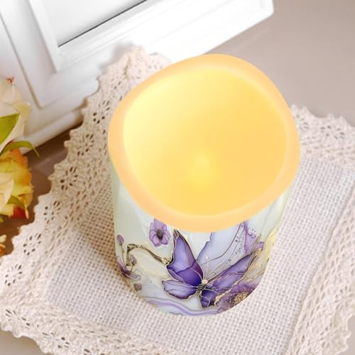 Image of Purple Butterfly LED Pillar Candles Bulk Set of 4 with Timer Remote Color Changing Electric Fake Candles for Home Decorations