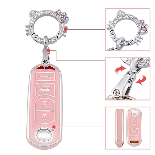 Image of Pangpai Pink Mazda Key Fob Cover, Soft TPU Case with Bling Keychain Fit for 3, 6, Miata MX-5, CX-5, CX-9 Smart Remote