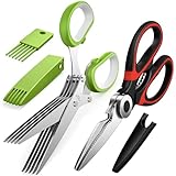 HOZWI Kitchen Shears Set - 5 Blade Herb Scissors & Heavy-Duty Kitchen Scissors for Meat, Poultry, Salad & Vegetables - Dishwasher Safe - Multipurpose Stainless Steel Shears with Safety Covers - 2 Pack