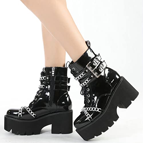 Image of Parisuit Womens Goth Patent Ankle Boots Platform Chunky Combat Boots
